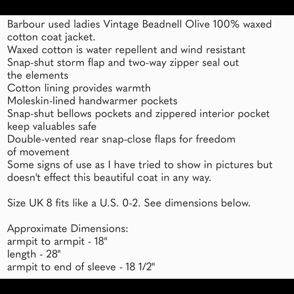 Barbour Women’s Beadnell Wax Cotton Jacket, Olive, Size 0-2 - Picture 7 of 7